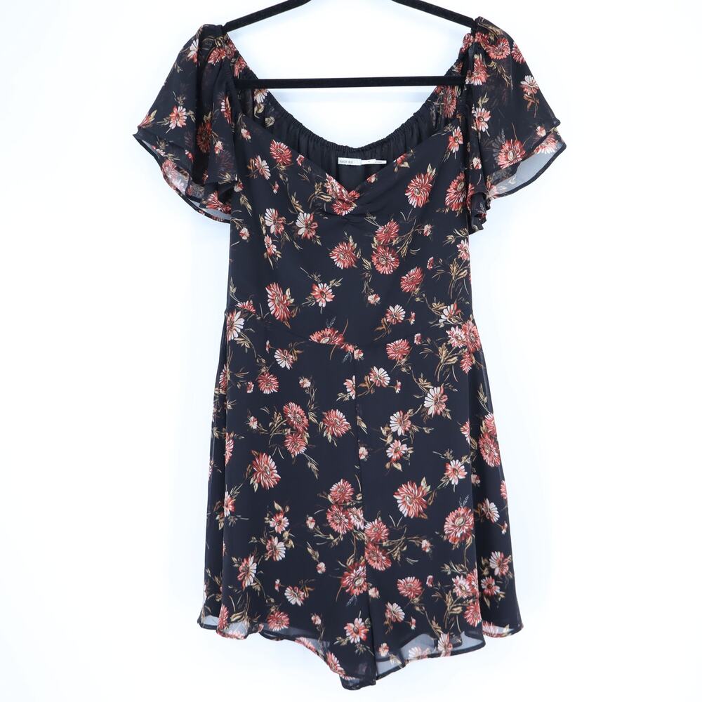 KIMCHI BLUE Black Floral Romper Off The Shoulder Flutter Sleeve Women's M